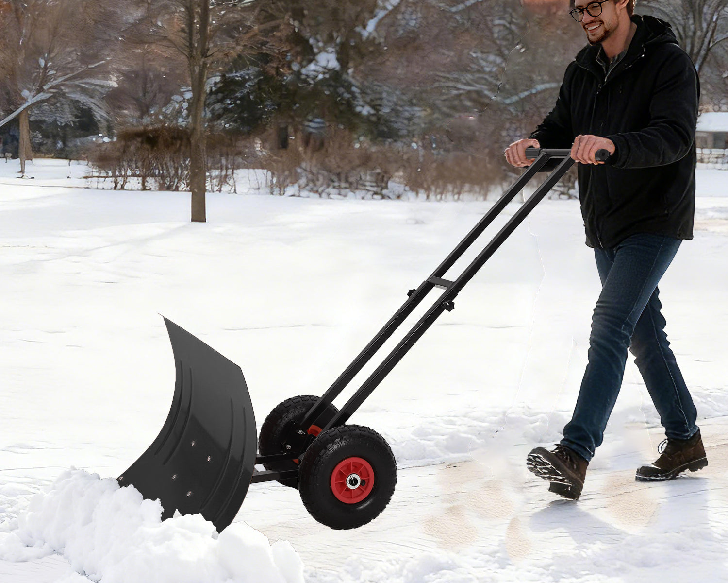 Garvee 29" Heavy Duty Metal Snow Shovel Pusher with Wheels - Adjustable Ergonomic Handle, Angled Steel Blade & Large Off-Road Rubber Wheels - Effortless Snow Removal for Driveway & Sidewalk - Black Red Wheel (XQ CA)