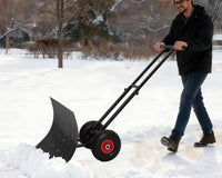 Garvee 29" Heavy Duty Metal Snow Shovel Pusher with Wheels - Adjustable Ergonomic Handle, Angled Steel Blade & Large Off-Road Rubber Wheels - Effortless Snow Removal for Driveway & Sidewalk - Black Red Wheel (XQ CA)