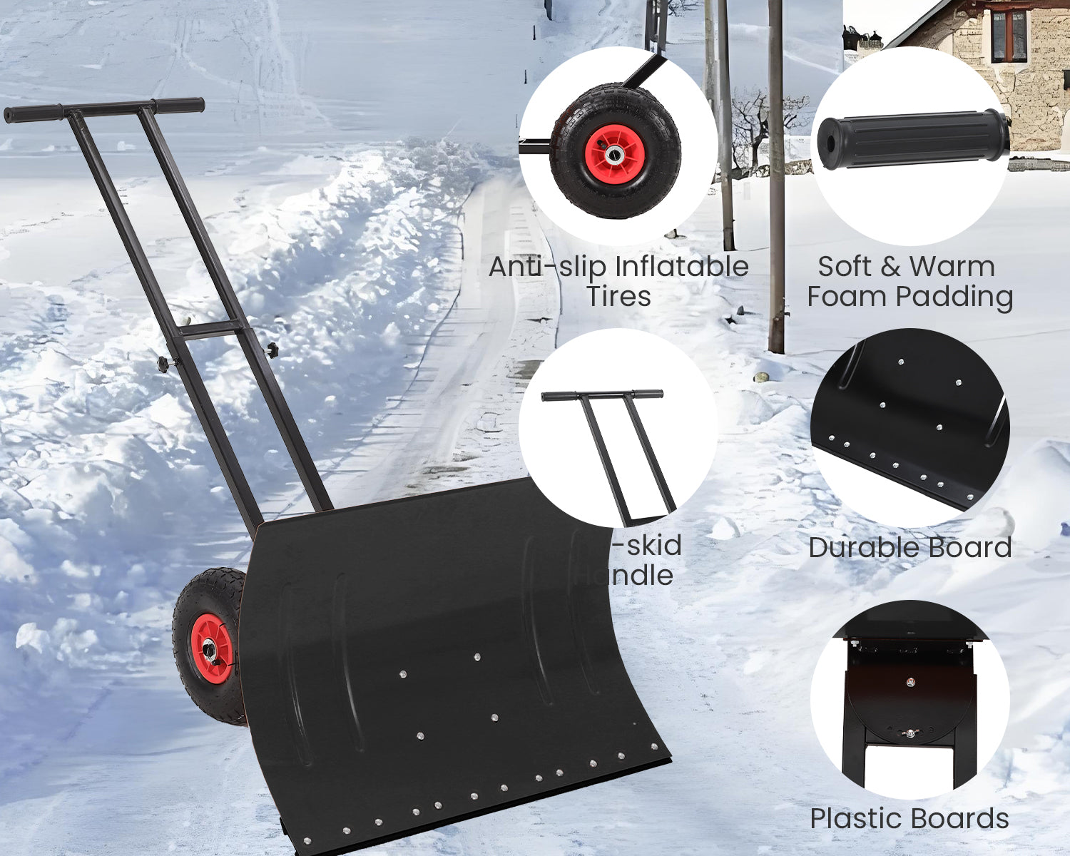 Garvee 29" Heavy Duty Metal Snow Shovel Pusher with Wheels - Adjustable Ergonomic Handle, Angled Steel Blade & Large Off-Road Rubber Wheels - Effortless Snow Removal for Driveway & Sidewalk - Black Red Wheel (XQ CA)