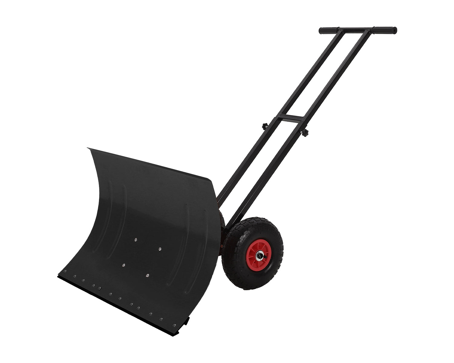 Garvee 29" Heavy Duty Metal Snow Shovel Pusher with Wheels - Adjustable Ergonomic Handle, Angled Steel Blade & Large Off-Road Rubber Wheels - Effortless Snow Removal for Driveway & Sidewalk - Black Red Wheel (XQ CA)