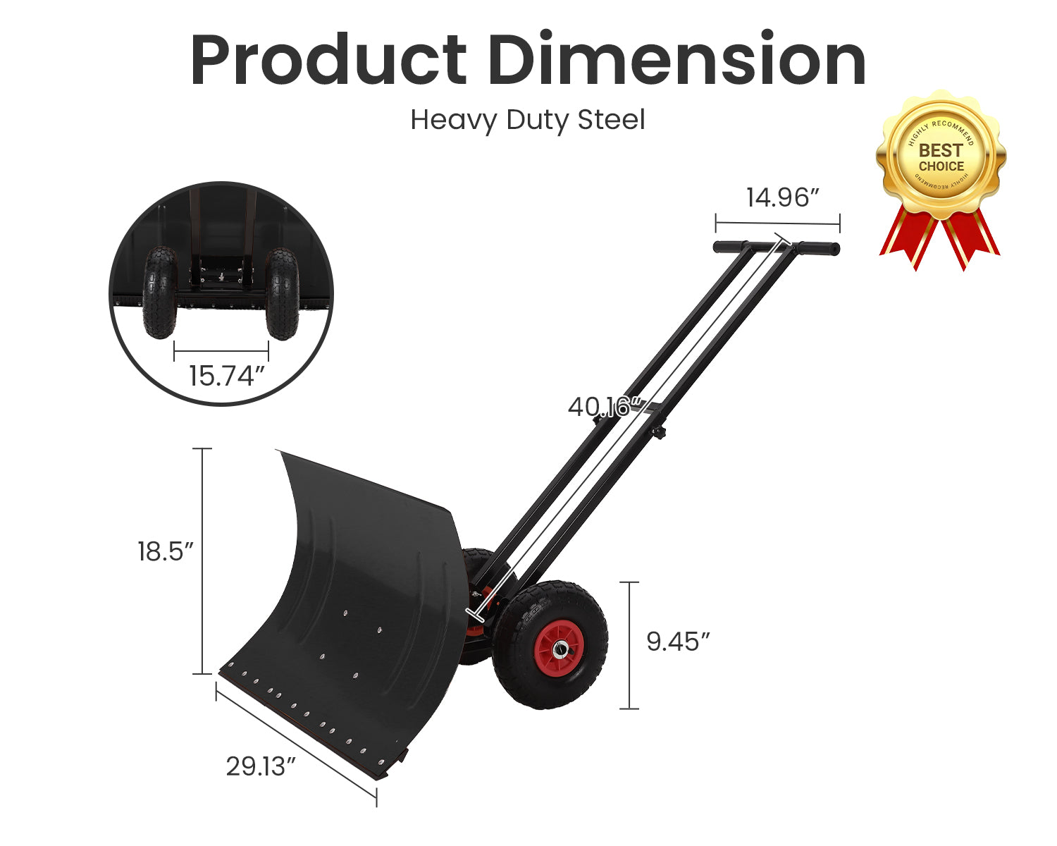 Garvee 29" Heavy Duty Metal Snow Shovel Pusher with Wheels - Adjustable Ergonomic Handle, Angled Steel Blade & Large Off-Road Rubber Wheels - Effortless Snow Removal for Driveway & Sidewalk - Black Red Wheel (XQ CA)