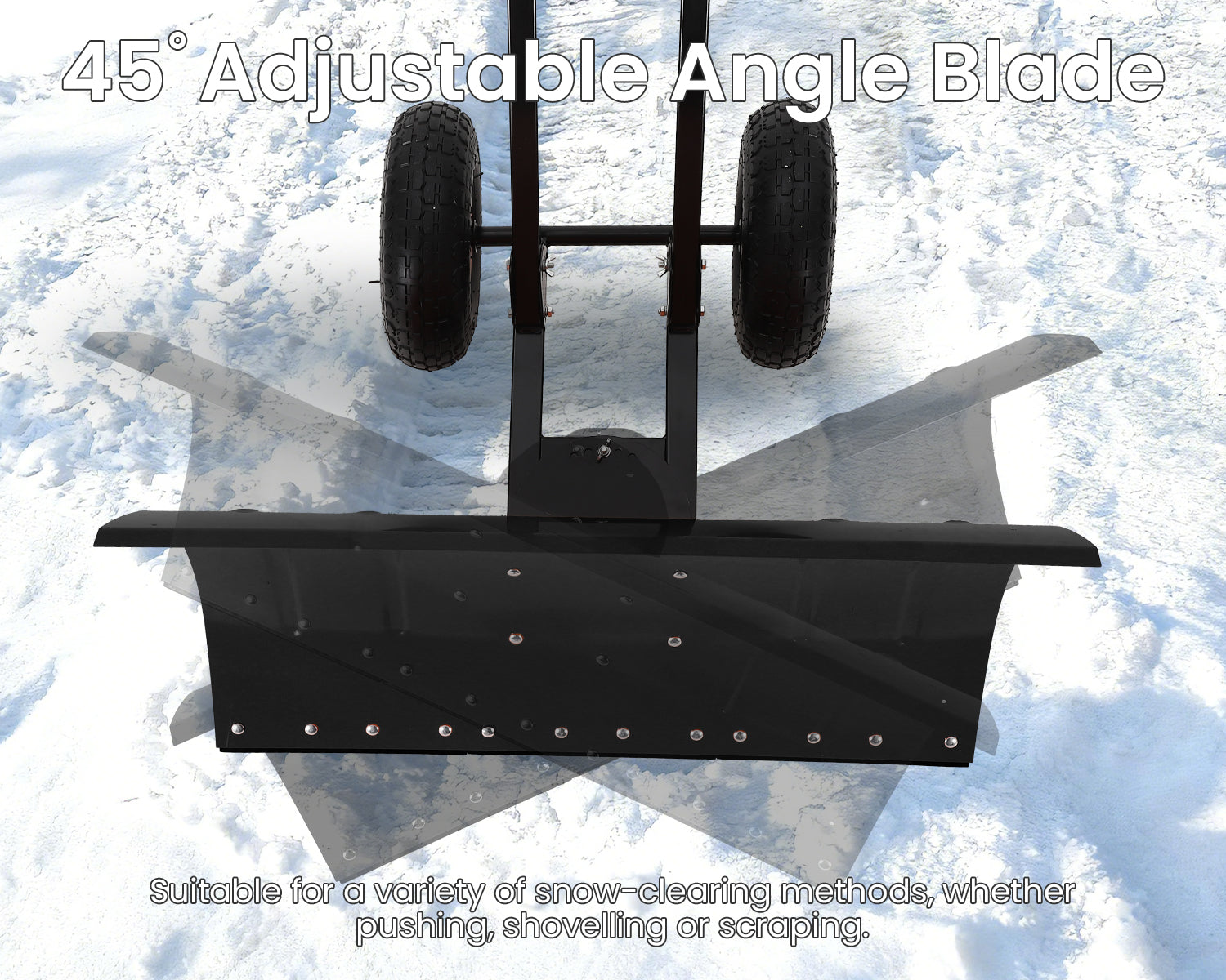 Garvee 29" Heavy Duty Metal Snow Shovel Pusher with Wheels - Adjustable Ergonomic Handle, Angled Steel Blade & Large Off-Road Rubber Wheels - Effortless Snow Removal for Driveway & Sidewalk - Black Red Wheel (XQ CA)