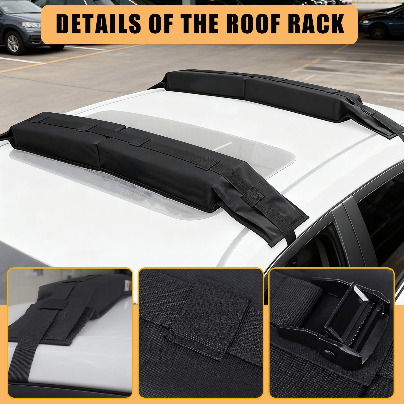 Close view of black soft roof rack padding, non slip surface, and fastening components