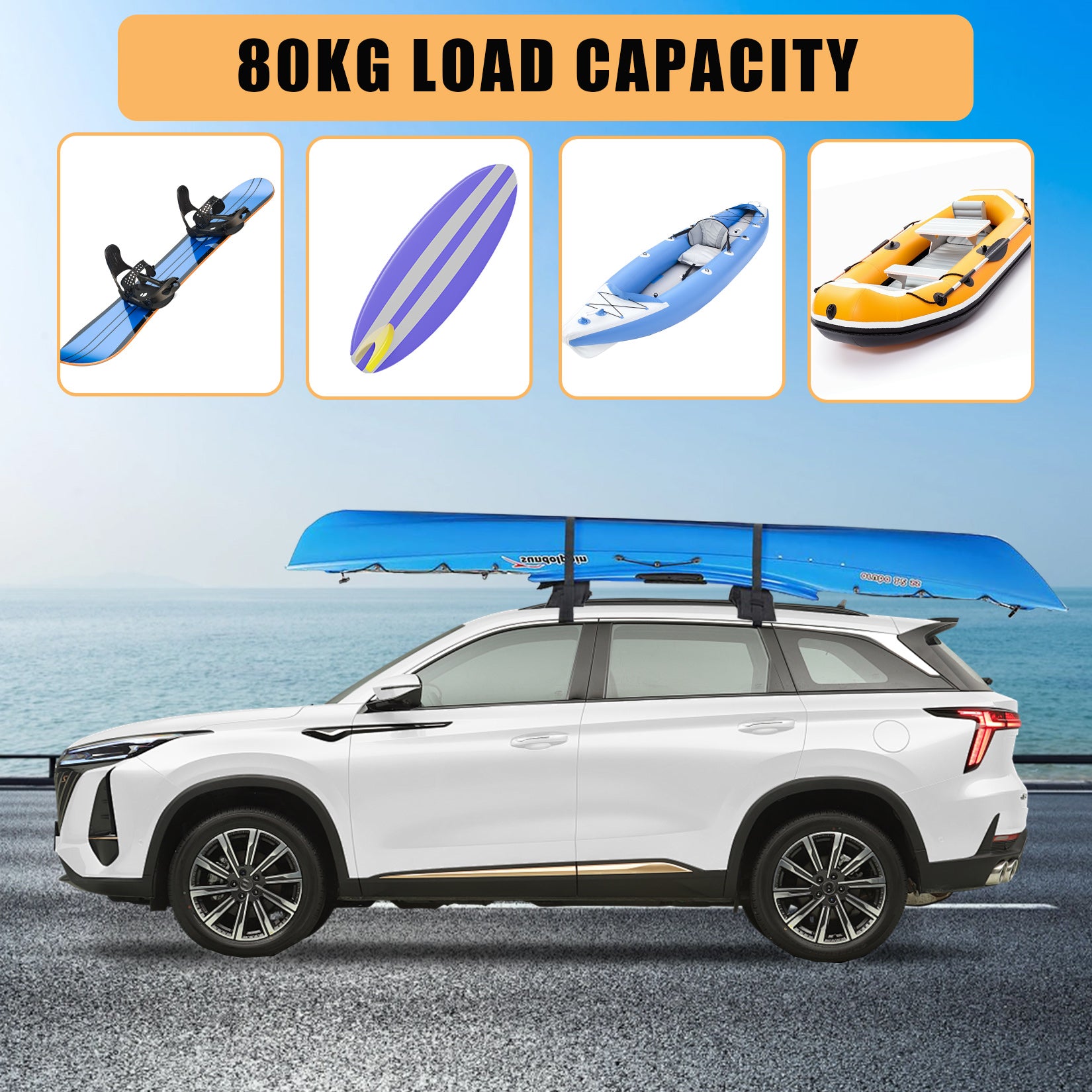 Vehicle carrying a kayak with an 80kg soft roof rack load capacity graphic