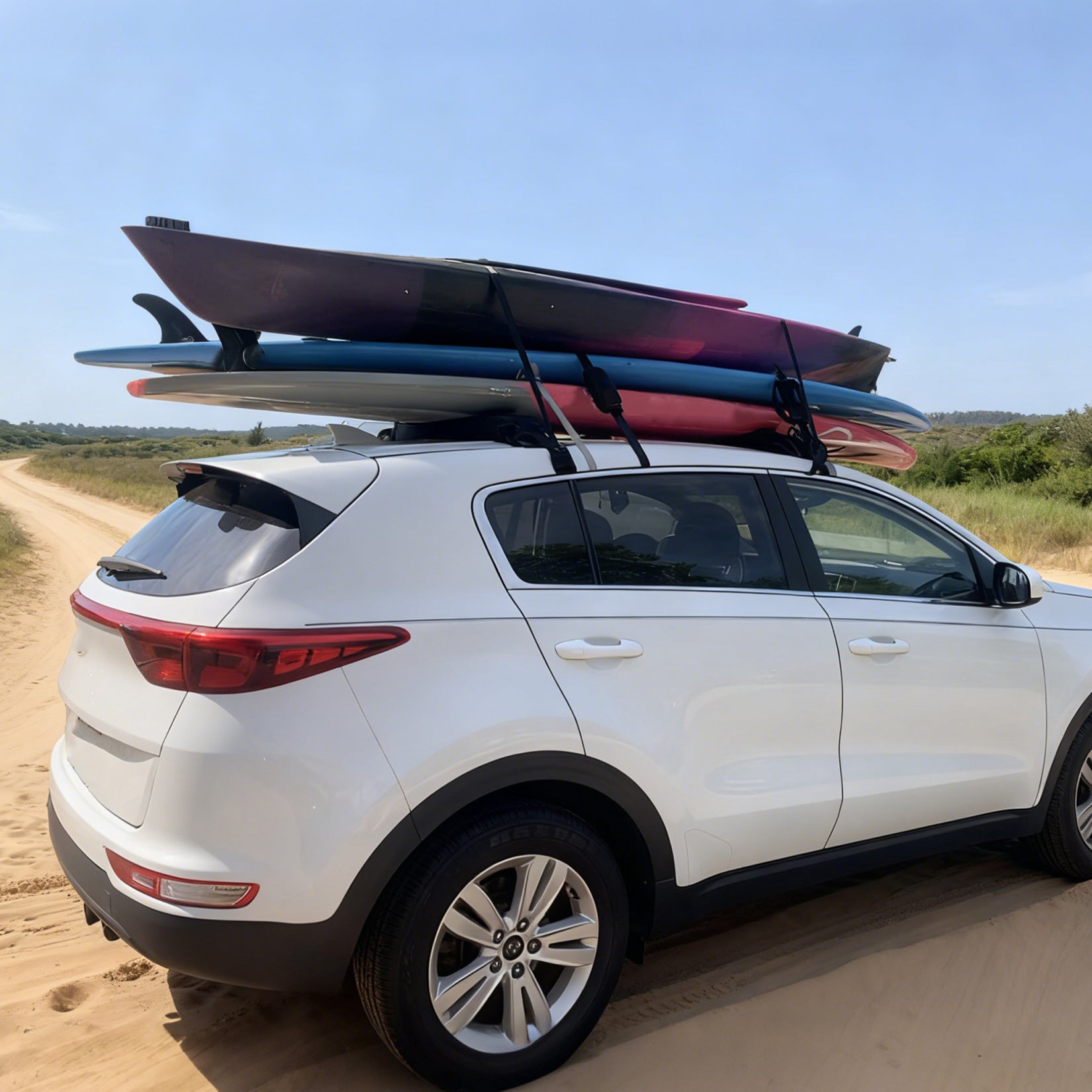 White SUV carrying stacked surfboards on black soft roof rack pads