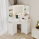 Garvee White Corner Vanity Desk with Mirror and Lights, Fluted Makeup Table with Charging Station, Drawers, Storage Cabinets, Compact Bedroom Dressing Table - White
