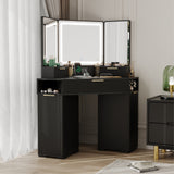 Garvee Black Corner Vanity Desk with Mirror and Lights, Fluted Makeup Table with Charging Station, Drawers, Storage Cabinets for Bedroom or Dressing Room, Black - Black