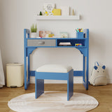 Garvee Kids Desk and Chair Set Wooden Student Study Desk with Storage and Padded Stool for Kid's Bedroom Playroom Blue - Blue