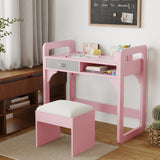 Garvee Kids Desk And Chair Set Wooden Study Desk With Cloth Drawers Pen Holder For Boys And Girls Adjustable Height Pink 32x33x18" - Pink