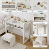 Garvee Kids Desk and Chair Set Wooden Student Study Desk with Storage Padded Stool for Bedroom Playroom White - White