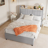 Garvee Queen Size Platform Bed Frame with Upholstered Storage Headboard, Built-in Charging Station, Metal Drawers, Wooden Slats, Sturdy and Noise-Free, Modern Bedroom Furniture - Twin, Light Gray - Twin-Light Gray