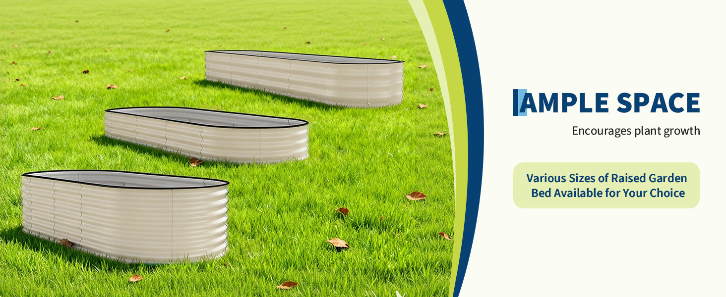 Beige galvanized raised garden beds arranged on an outdoor lawn