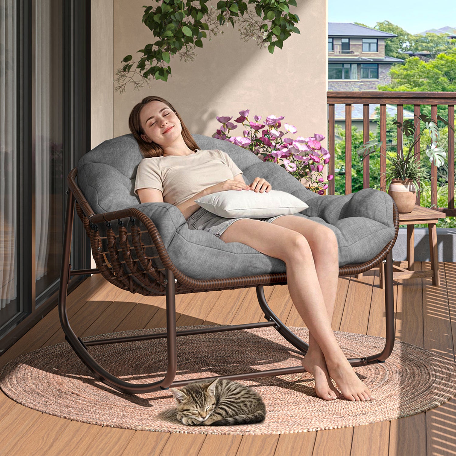 Garvee Fauteuil à bascule d'extérieur surdimensionné Papasan Rocker Ergonomique Cadre en acier à bascule lisse Tissu polyester durable Gris Patio Jardin Porche