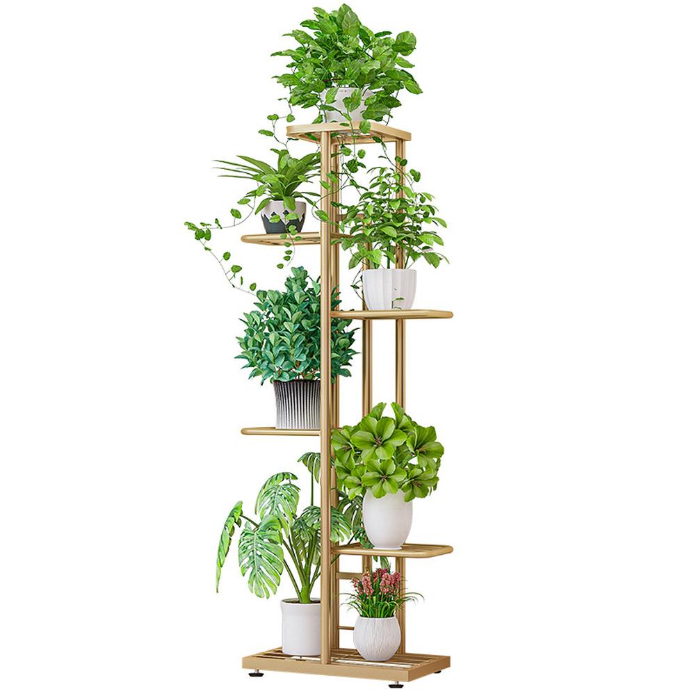 Garvee Support de plantes d'intérieur à 6 niveaux et 7 pots, support de pot de fleurs en métal robuste pour patio, jardin, balcon, salon noir, or