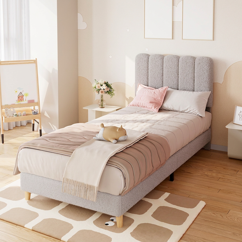 Lit double XL Garvee, plateforme rembourrée en bouclette, tête de lit ondulée, gris pour enfants