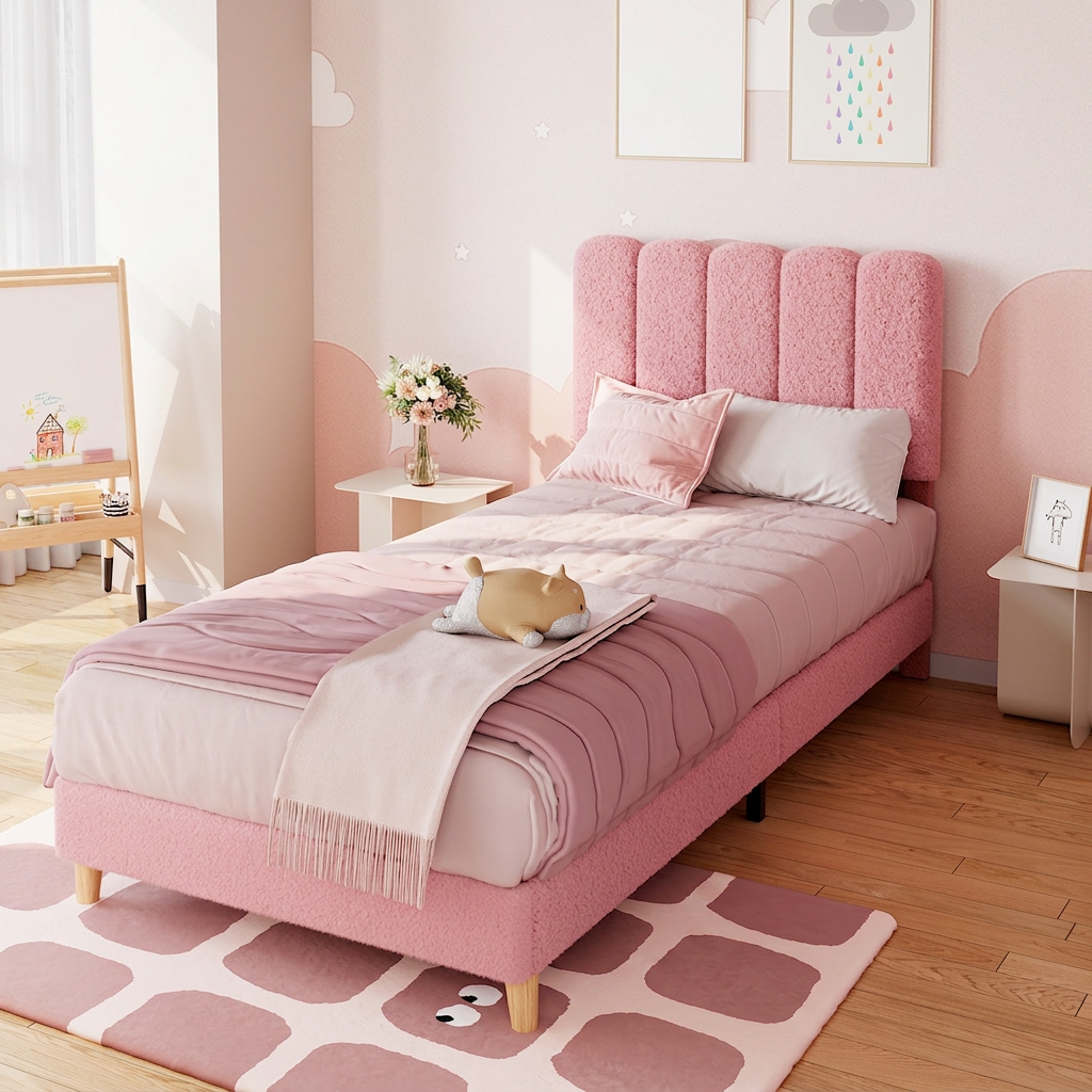 Garvee Twin XL Bed Frame Boucle Upholstered Platform Bed Wave Headboard Kids Girls Light Pink