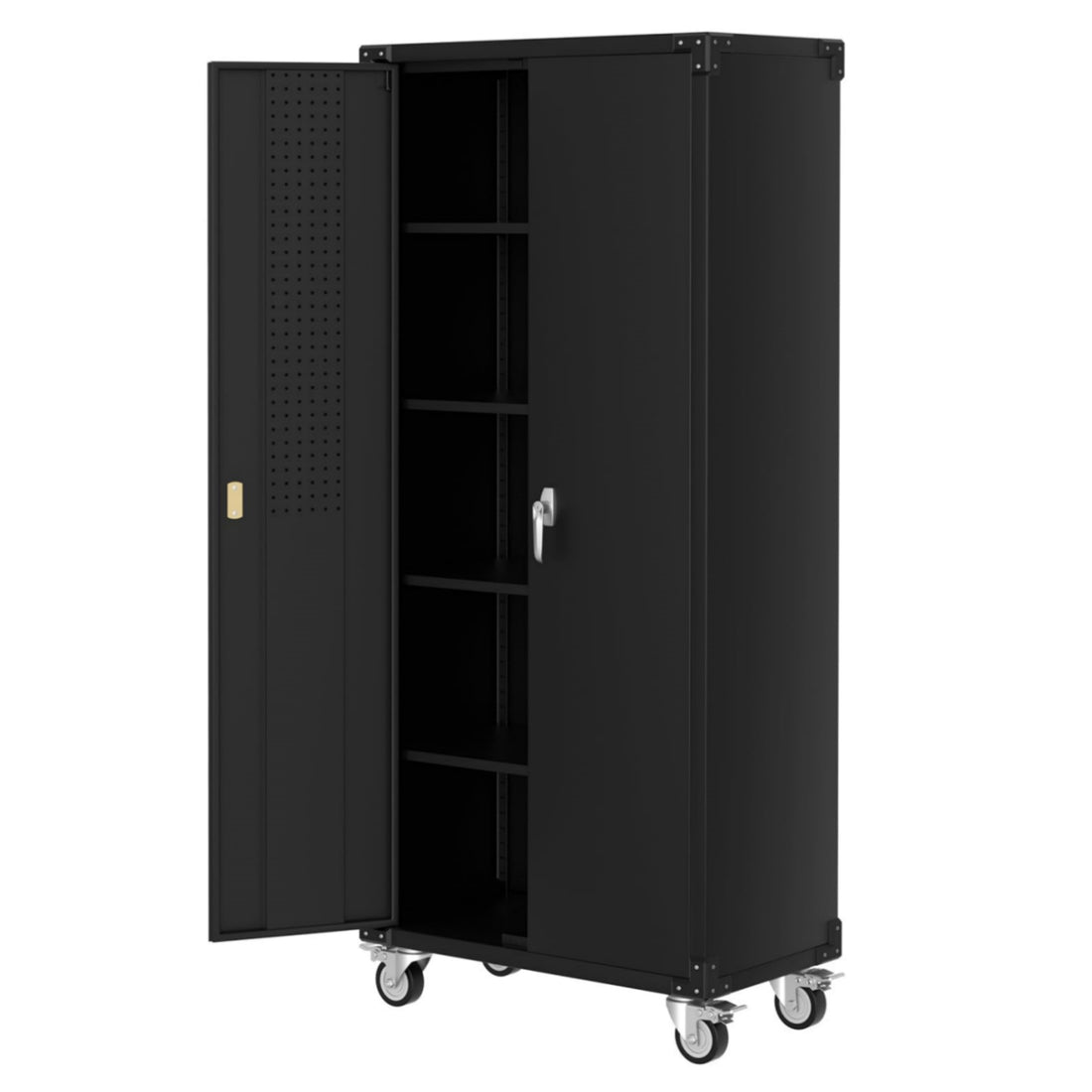 Meuble de rangement de garage en métal noir robuste Garvee 72'' avec roulettes - 2 portes verrouillables - 4 étagères réglables - Panneau perforé pour outils - Casier roulant pour atelier, maison, bureau - Couleur : noir