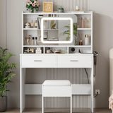 Garvee Vanity Desk with Sliding Mirror, Makeup Desk and Stool with Lights in 3 Colors, Girls Vanity Table with Charging Station, 2 Drawers & Storage Shelves for Bedroom,White - White