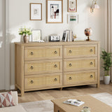 Garvee Rattan 6 Dresser for Bedroom, 47.2" Wide Dresser, Boho Wide Drawer Dresser with Storage, Wooden Closet Dressers Chest of Drawers Freestanding for Bedroom, Nursery, Living Room, Natural - Wood Color