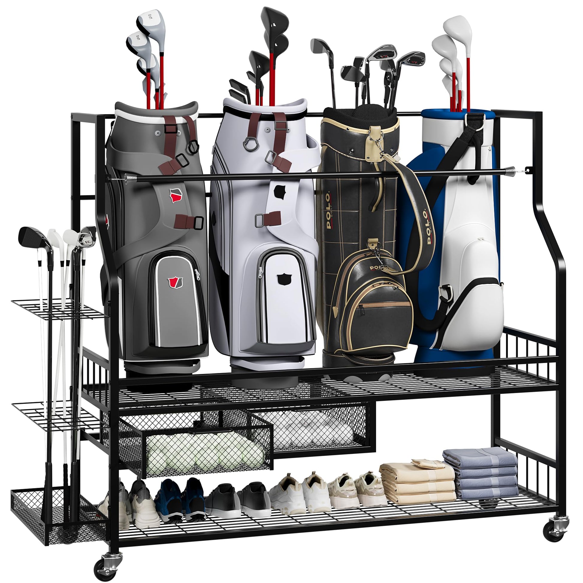 Golf bag rack with drawers and lower shelf for shoes and gear