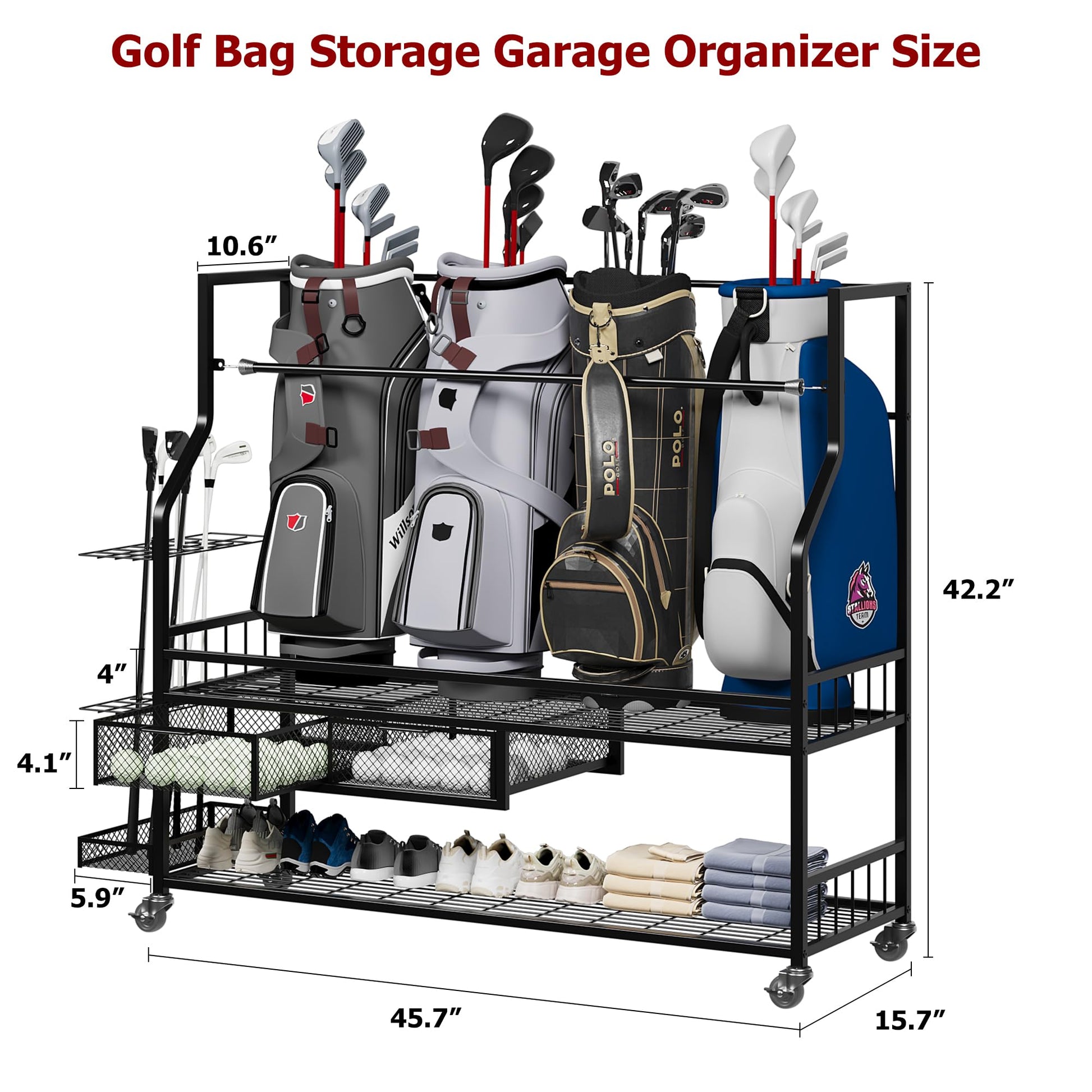 Golf bag storage garage organizer size and dimensions diagram