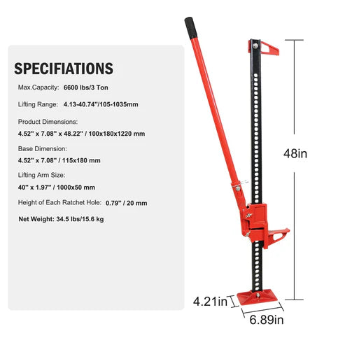 Garvee 3 Ton Farm Jack, 48" Utility Farm Jack, 6600 Lbs Capacity Ratcheting Off Road Utility Jack, Heavy-Duty Farm Jack Foratv, Utv, SUV, Tractor, Truck, Universal Jack