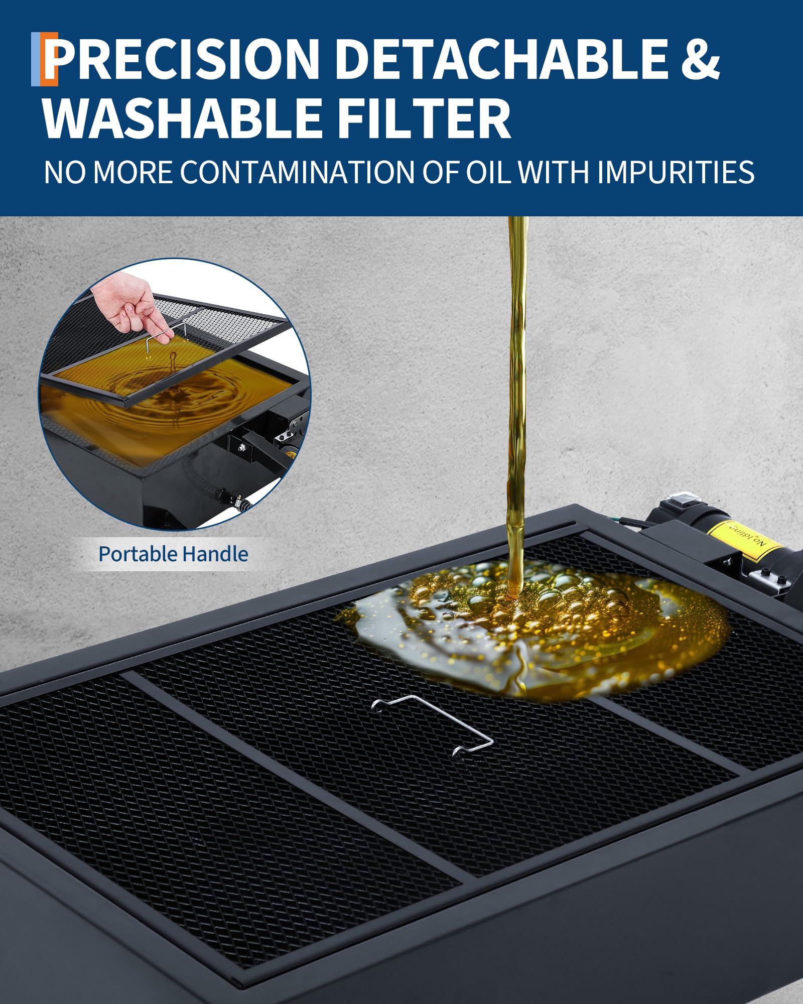 Lift-out mesh screen on oil drain pan helps reduce debris