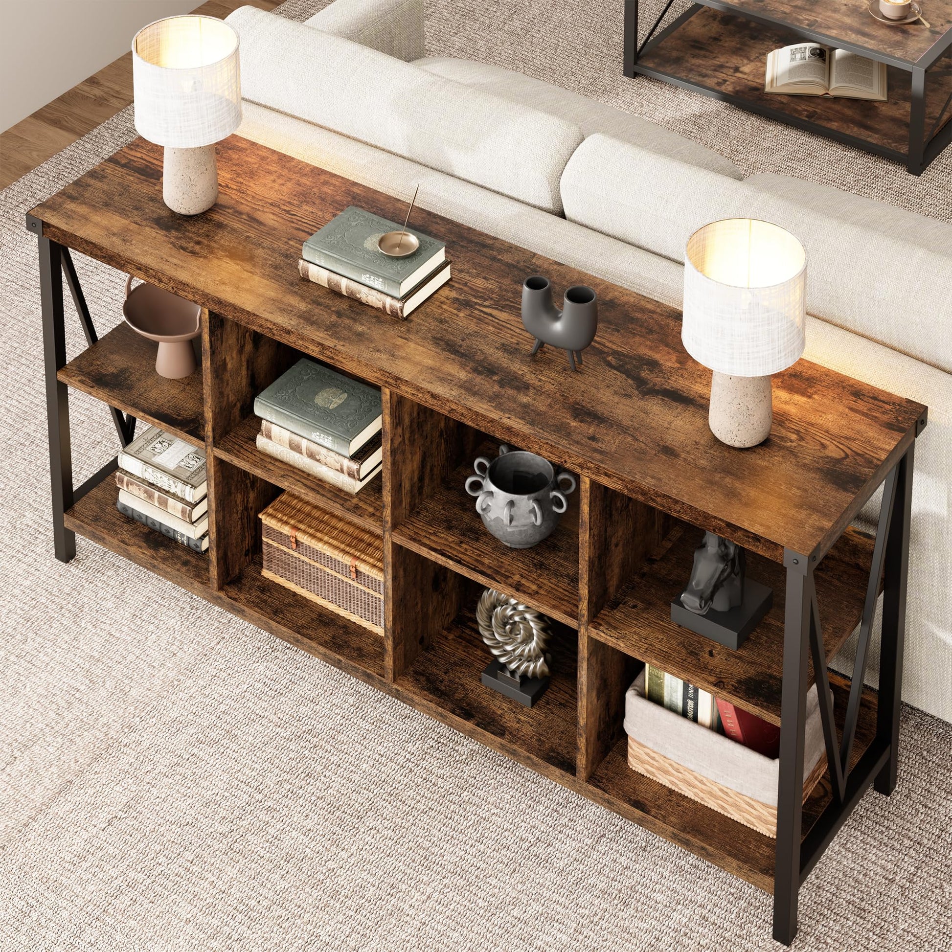 Console table used behind couch for extra surface and storage