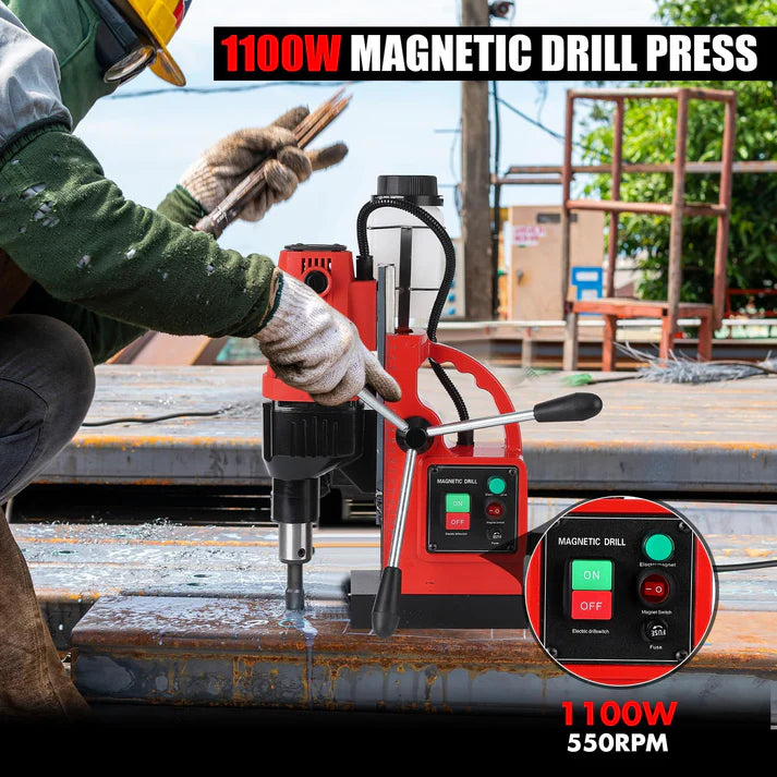 Garvee Mag Drill Press 1100W Portable Magnetic Drill Press with 11Pcs Drill Bits for Industrial and Home Improvement Metal Surface Drilling 1.6" Diameter 550 RPM