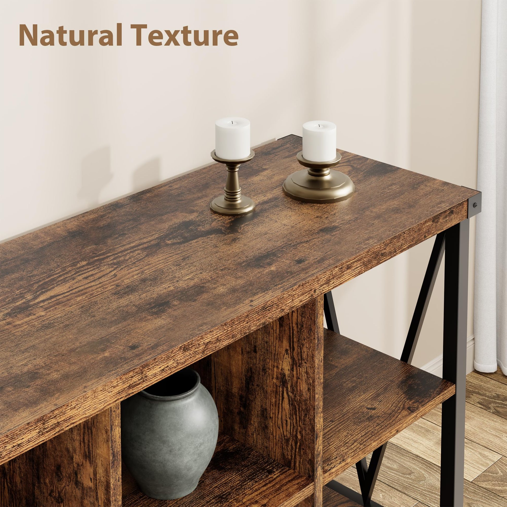 Rustic wood grain top with industrial metal frame
