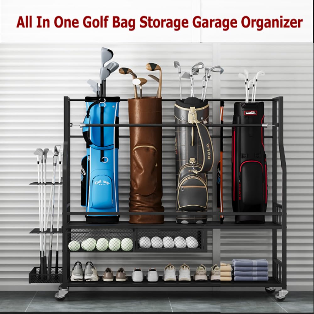 All-in-one golf bag storage organizer with multiple bag slots, shelves and drawers