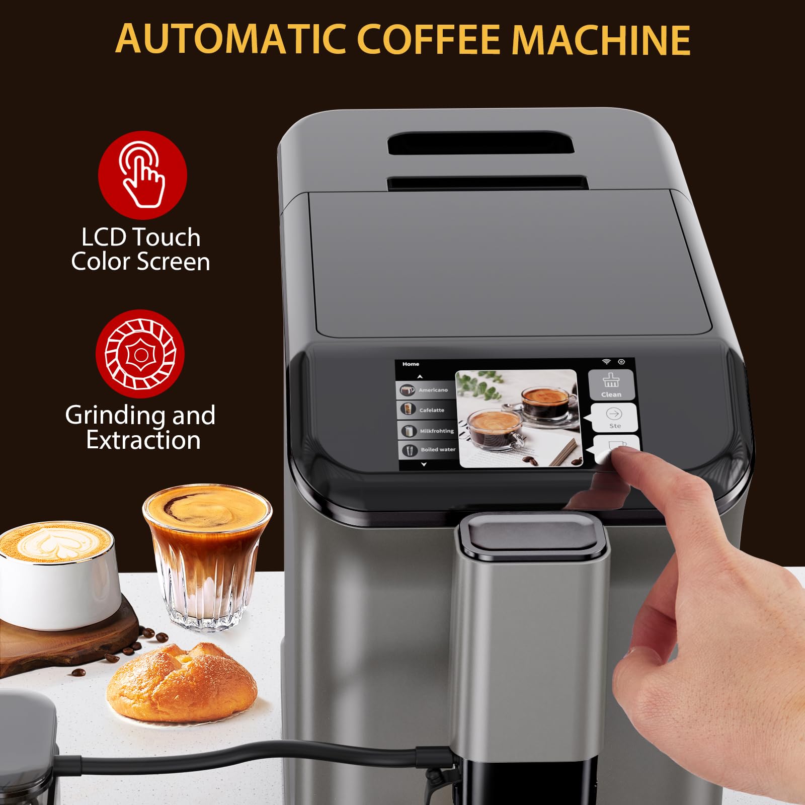 Garvee 20 - Bar Fully Automatic Espresso Machine - Touch Screen, Built - in Frother, Milk Container (Grey)