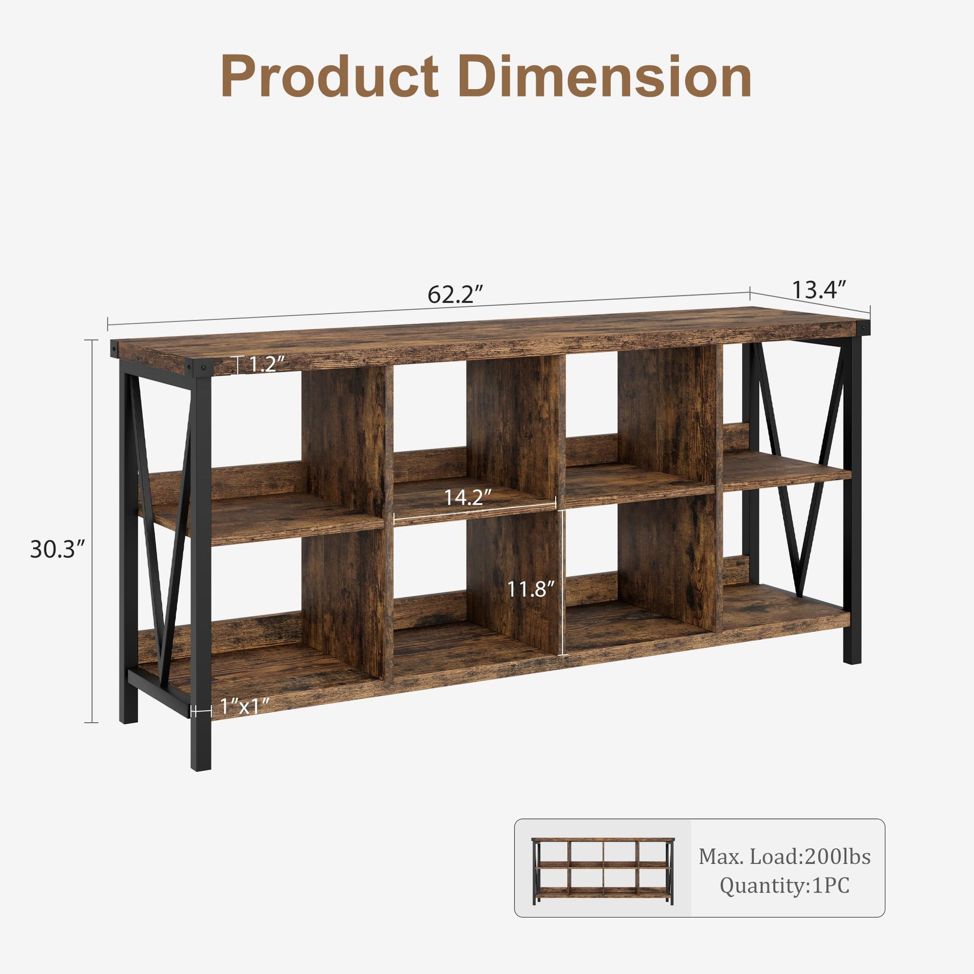 Console table dimensions 62.2 by 13.4 by 30.3 inches with 200 lbs max load
