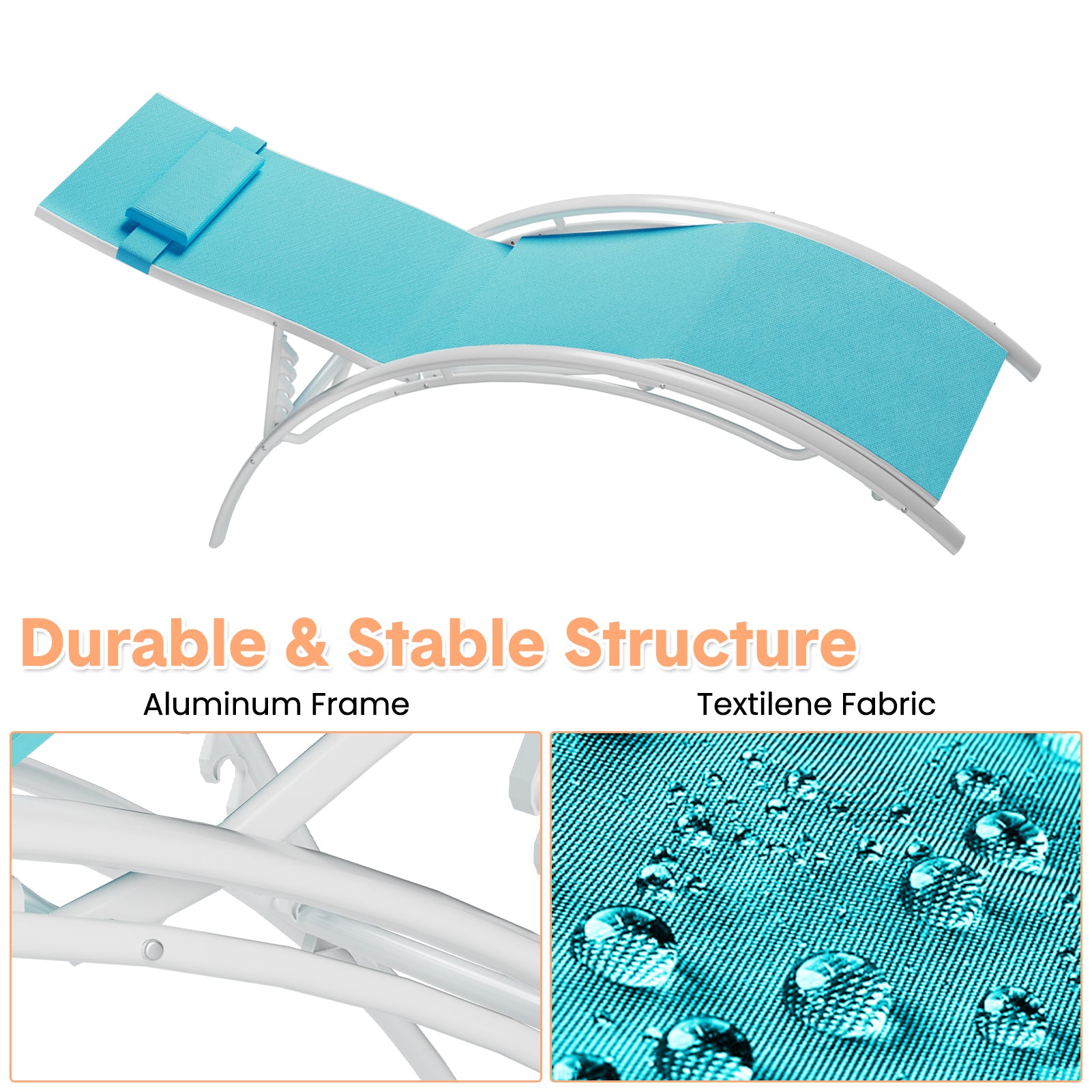 Blue Textilene chaise lounge with close views of the aluminum frame and water shedding fabric