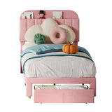 Garvee Twin Bed Frame with Drawer Velvet Upholstered Platform Bed Pink Storage Headboard Easy Assembly - Pink