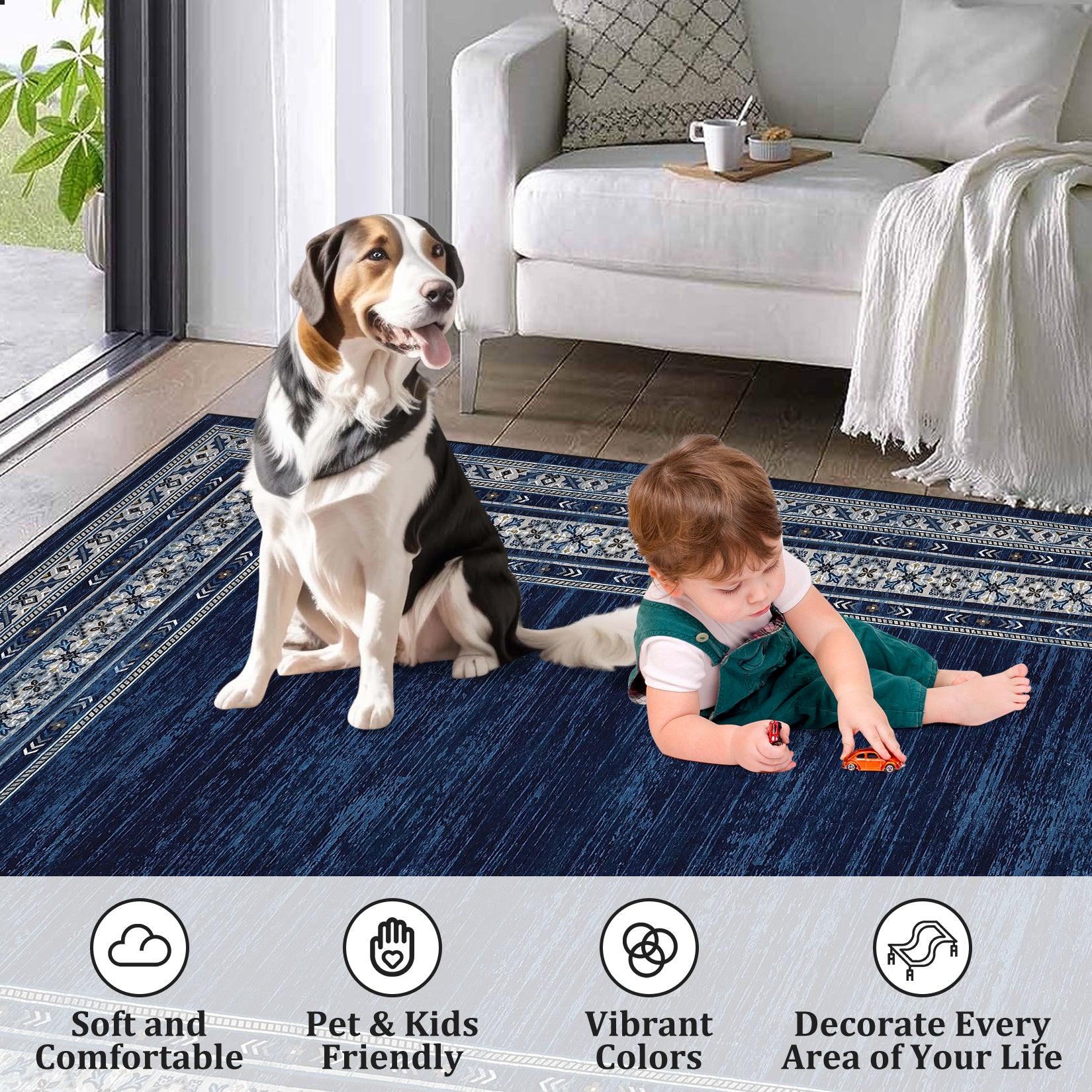Tapis Lavable Géométrique Garvee 9x12, Tapis Doux Moderne Antidérapant pour Salon, Chambre, Salle à Manger, Crèche, Bleu