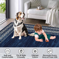 Tapis Lavable Géométrique Garvee 9x12, Tapis Doux Moderne Antidérapant pour Salon, Chambre, Salle à Manger, Crèche, Bleu