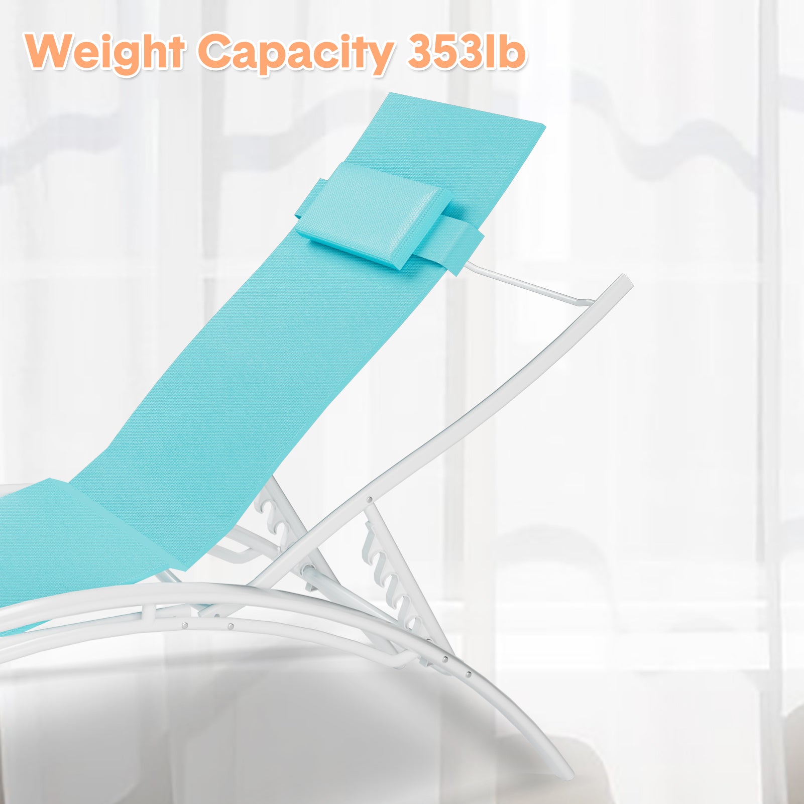 Blue aluminum chaise lounge showing reinforced reclining support and 353 lb weight capacity