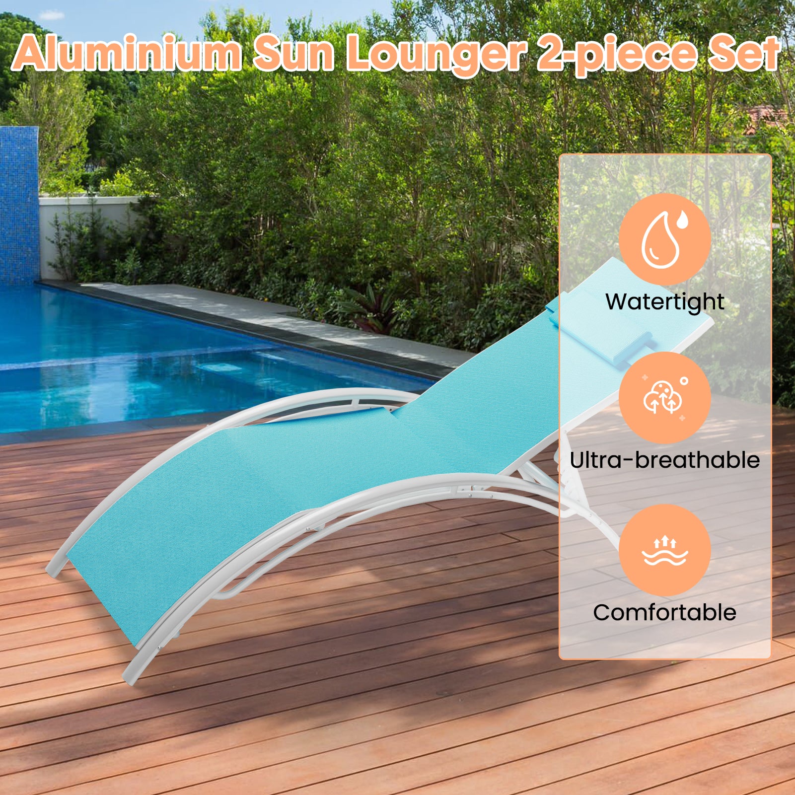 Blue aluminum sun lounger beside a pool with breathable and water shedding fabric callouts