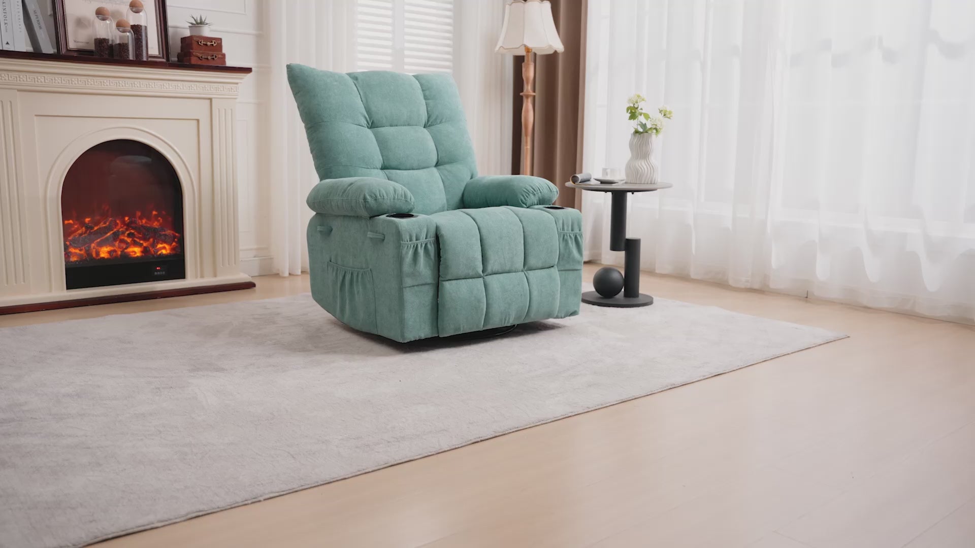 Garvee Swivel Recliner Chair with Massage & Heat for Elderly Adults, Ergonomic Lounge Single Sofa, Manual Recliner with Overstuffed Cushion, Side Pocket, Cup Holders for Living Room, Bedroom, Blue