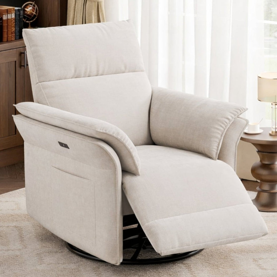 Fauteuil inclinable motorisé pivotant Garvee avec port USB, pivotant à 270° et accoudoirs double couche, bascule, inclinaison motorisée, fauteuil en tissu chenille pour salon, chambre de bébé, beige