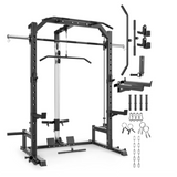 GARVEE Smith Machine Home Gym with Barbell Bar, Cable System, Lat Pulldown Attachments, Safety Spotter Arms, J Hooks, Landmine, Multi-Functional Squat Rack for Full Body Strength Training - Black