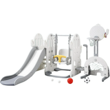 Garvee 7-in-1 Toddler Slide and Swing Set - Freestanding Climber with Adjustable Swing, Basketball Hoop, Soccer Golf & Ring Toss | Indoor/Outdoor Playset for Ages 1-3 - Grey