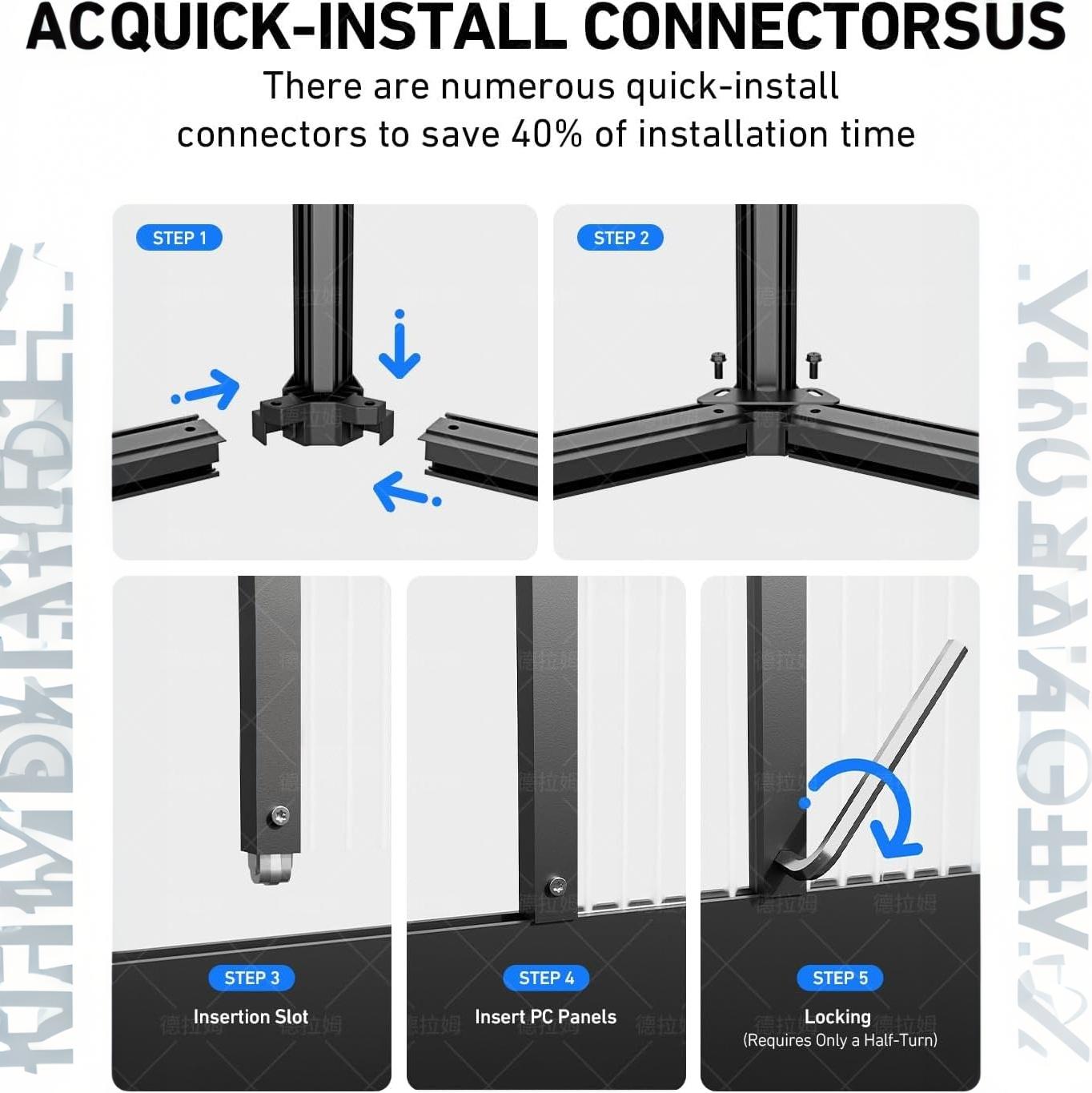 Quick-install greenhouse connectors and panel installation steps