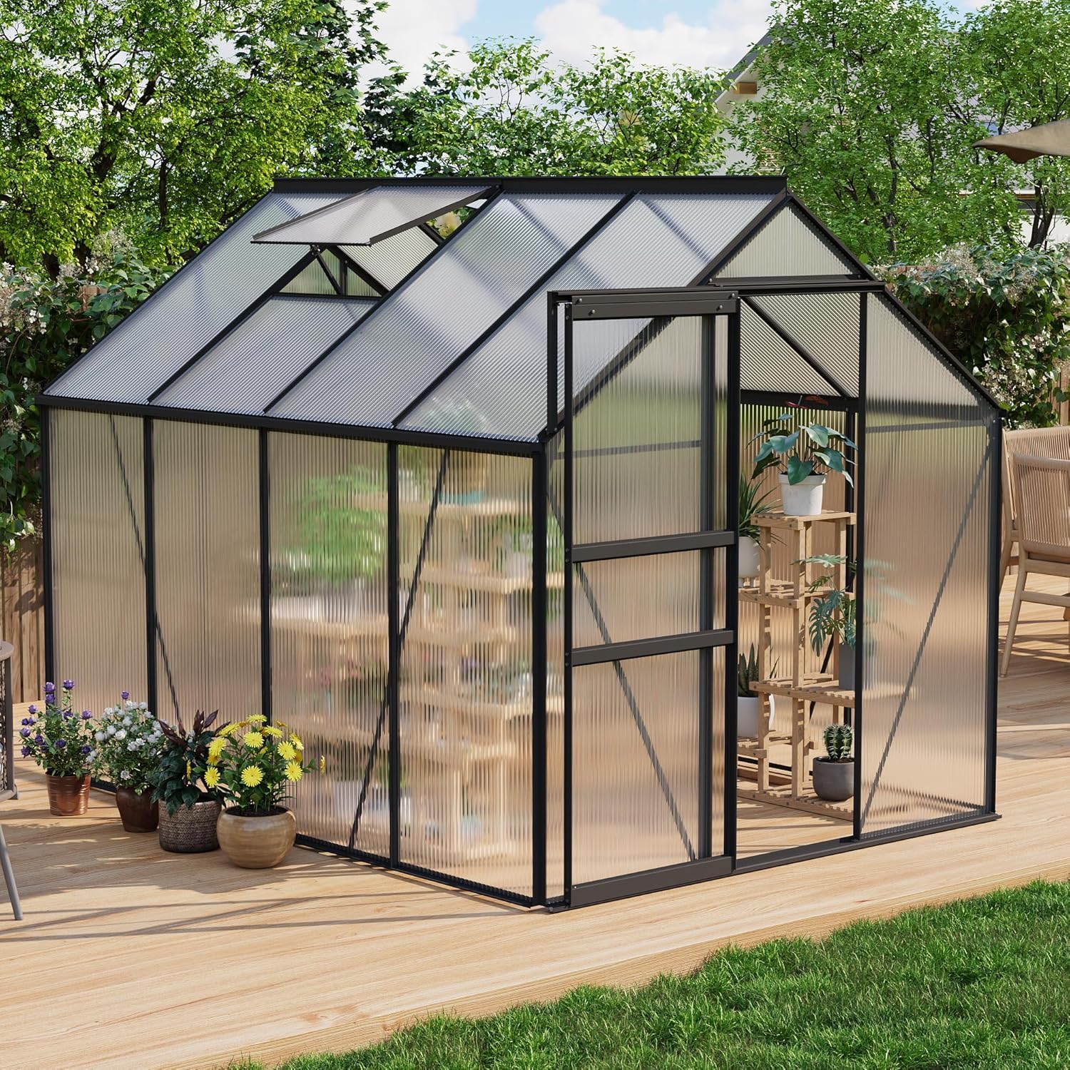 Garvee 6x8 black polycarbonate greenhouse in an outdoor garden setting