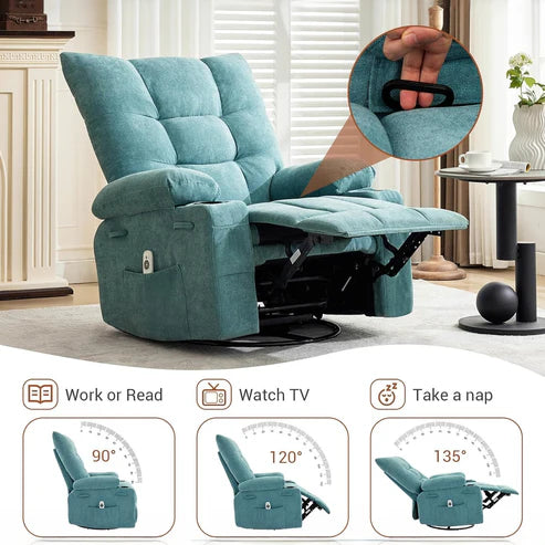 Garvee Swivel Recliner Chair with Massage & Heat for Elderly Adults, Ergonomic Lounge Single Sofa, Manual Recliner with Overstuffed Cushion, Side Pocket, Cup Holders for Living Room, Bedroom, Blue
