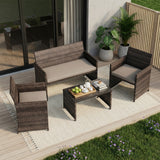 Garvee 4-Piece Outdoor Wicker Patio Bar Set – Brown Gradient Rattan – Tempered Glass Coffee Table – All-Weather Conversation Furniture – Gray Cushions – Color: Brown gradient rattan + gray cushion - Brown Gradient Rattan + Gray Cushion