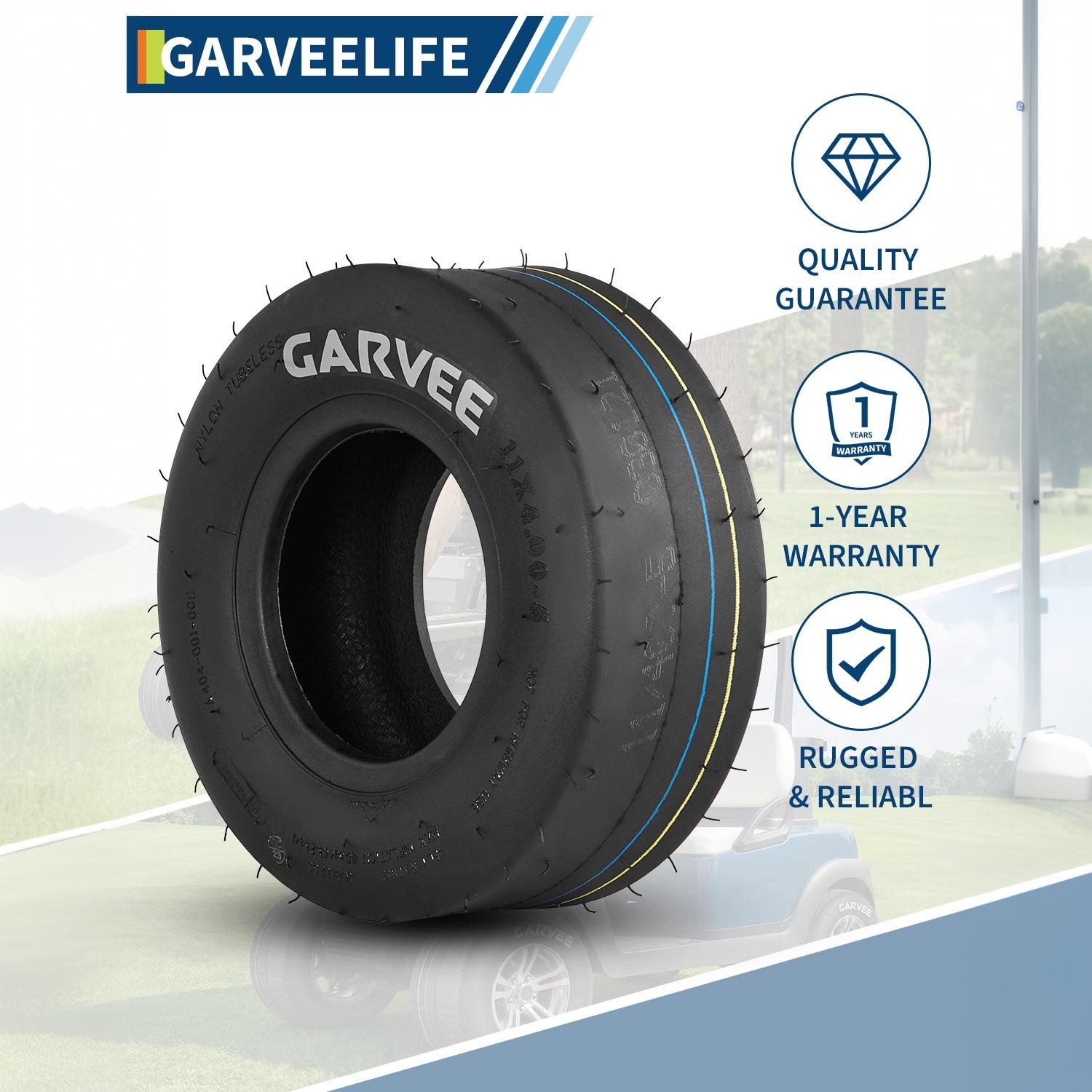 Square product graphic showing a rugged GARVEE turf tire
