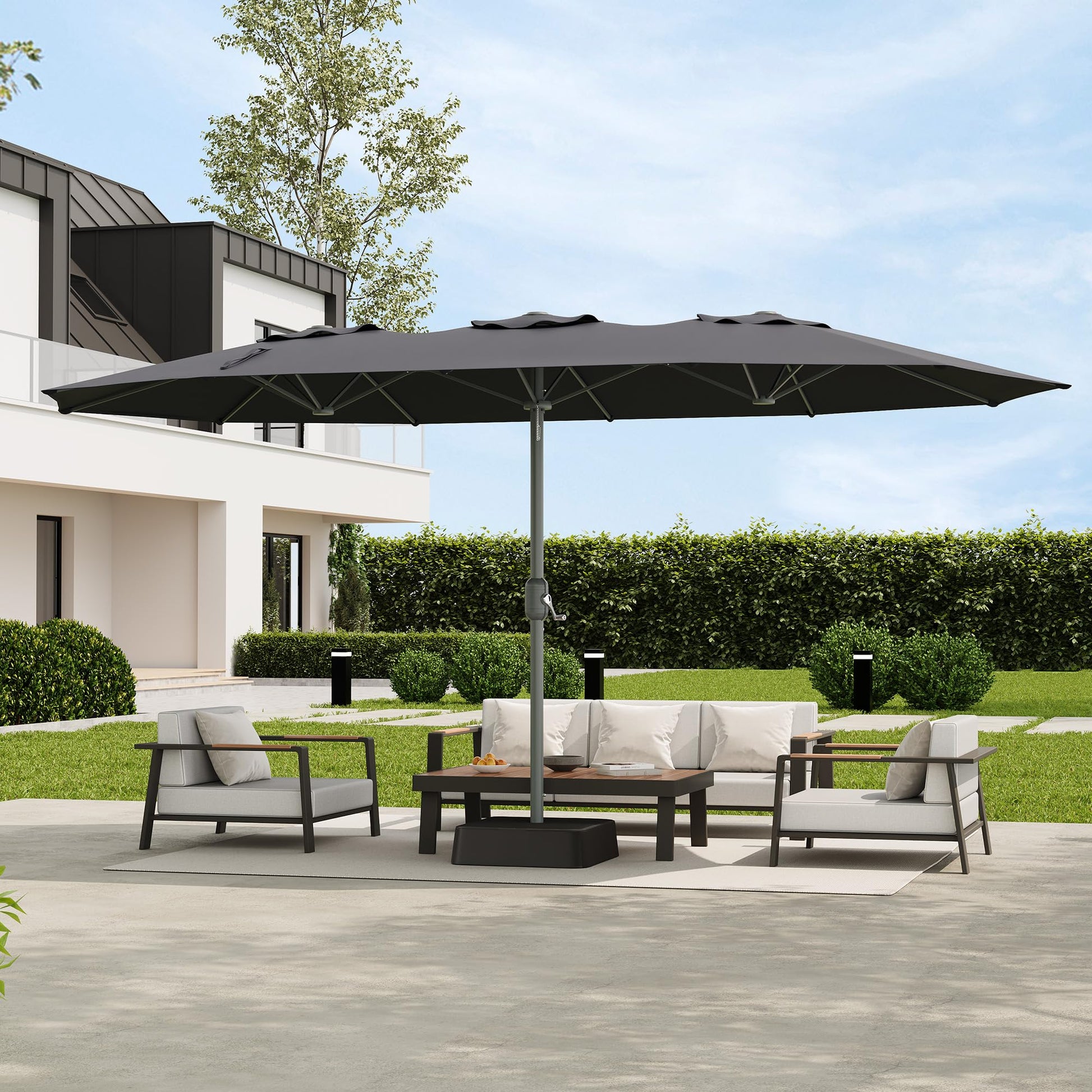 12-rib metal frame supporting the rectangular umbrella canopy