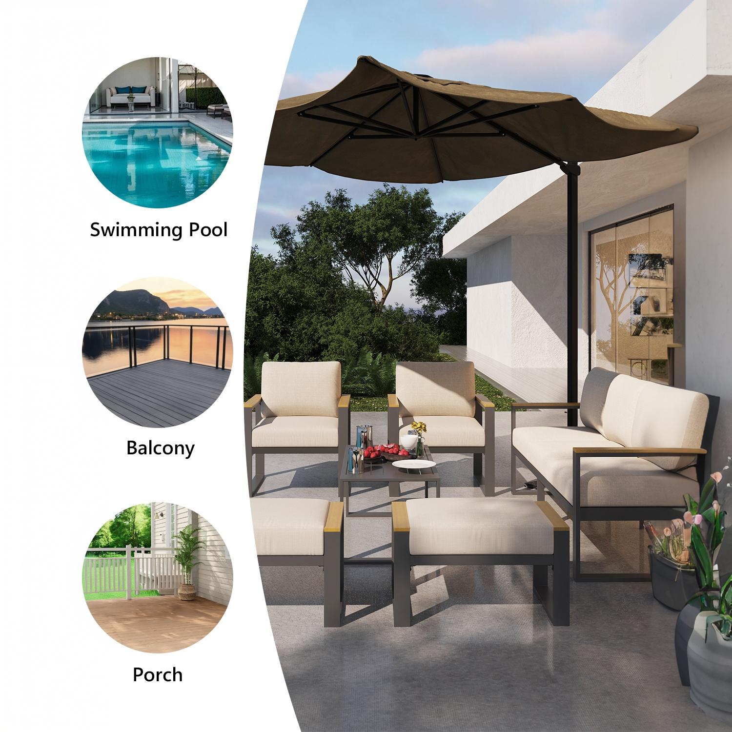 Beige patio conversation set arranged for poolside, balcony, and porch spaces